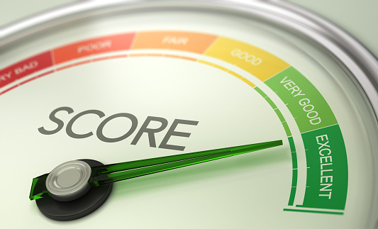 3D illustration of a conceptual gauge with needle pointing to excellent. Business credit score concept.