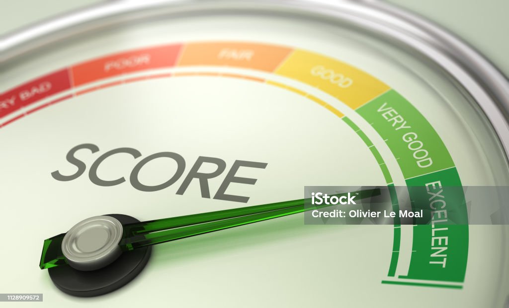 Business Credit Score Gauge Concept, Excellent Grade. 3D illustration of a conceptual gauge with needle pointing to excellent. Business credit score concept. Credit Score Stock Photo