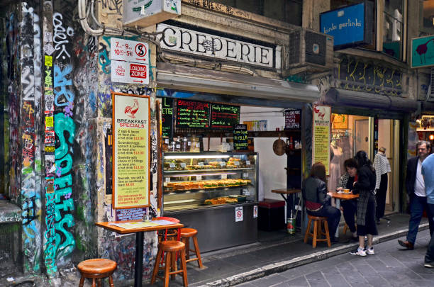 Melbourne, VIC, Australia - November 05, 2017: Unidentified people and shops in narrow Centreway arcade