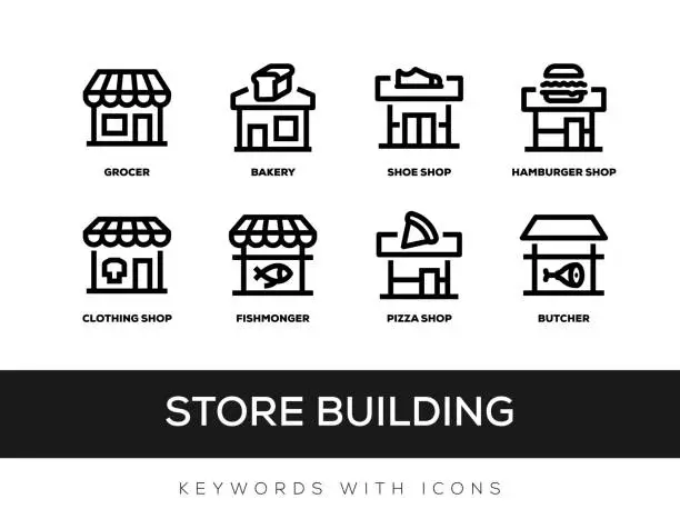 Vector illustration of Store Building Keywords With Icons