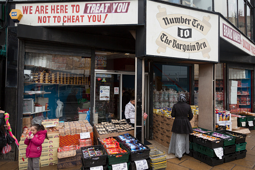 Bradford, UK - March 6th 2010: A display of goods at a discount store, pound shop in Bradford city centre, UK