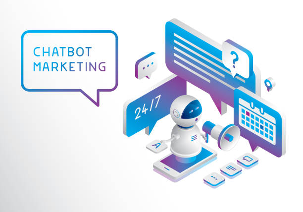 chatbot 마케팅 - 영업시간 표시 일러스트 stock illustrations