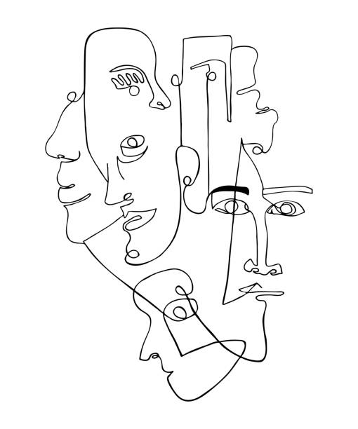 Modern poster with linear abstract faces. Modern poster with linear abstract faces. Continuous line art. One line drawing. Minimalist graphic. cubist style stock illustrations