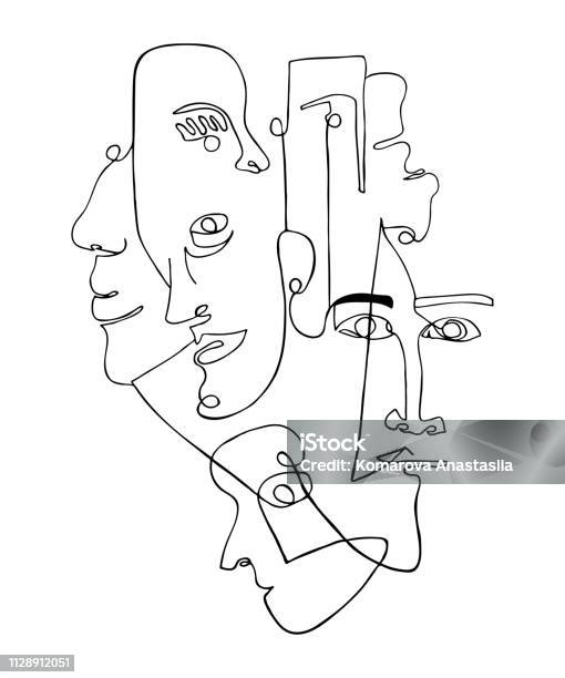 Modern Poster With Linear Abstract Faces Stock Illustration - Download Image Now - Line Art, Human Face, Abstract
