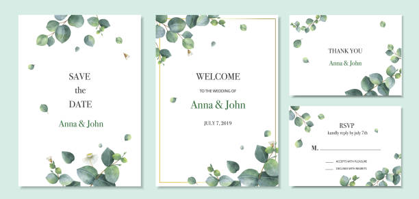illustrations, cliparts, dessins animés et icônes de vector aquarelle décors mariage invitation carte modèle avec feuilles d’eucalyptus vert. - mariage