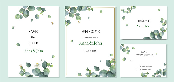 Watercolor vector set wedding invitation card template design with green eucalyptus leaves. Illustration for cards, save the date, greeting design, floral invite.
