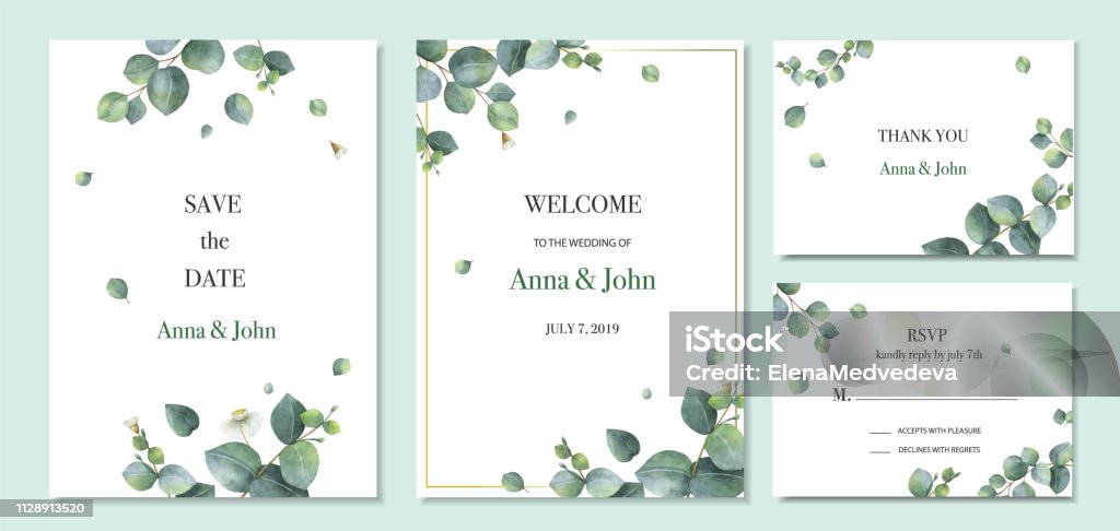 Watercolor vector set wedding invitation card template design with green eucalyptus leaves. Watercolor vector set wedding invitation card template design with green eucalyptus leaves. Illustration for cards, save the date, greeting design, floral invite. Border - Frame stock vector