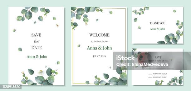 Watercolor Vector Set Wedding Invitation Card Template Design With Green Eucalyptus Leaves Stock Illustration - Download Image Now