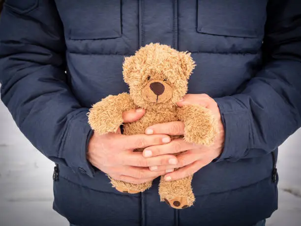 Toys, stuffed animal, hand, man, close-up, fingers, hold, jacket, winter