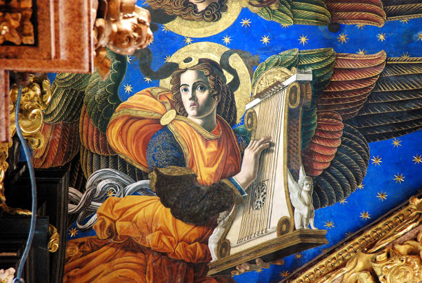 frescoe of an angel in the cathedral of valencia, spain - valencia cathedral imagens e fotografias de stock