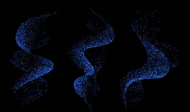 набор динаминых синих волн дым, туман и распыление с сверкающими частицами. эффект брызг и тумана - abstract swirl curve ethereal stock illustrations