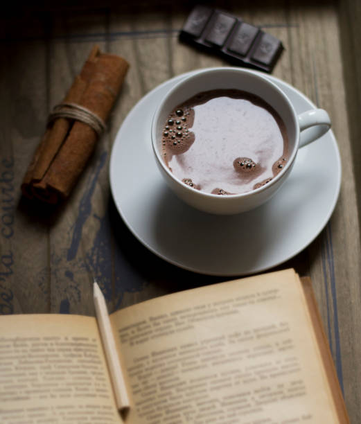 Cocoa drink, book, cinnamon and chocolate
