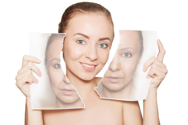 beauty portrait of woman breaking her old face photo anti aging therapy, skin treatment indulgence stock pictures, royalty-free photos & images