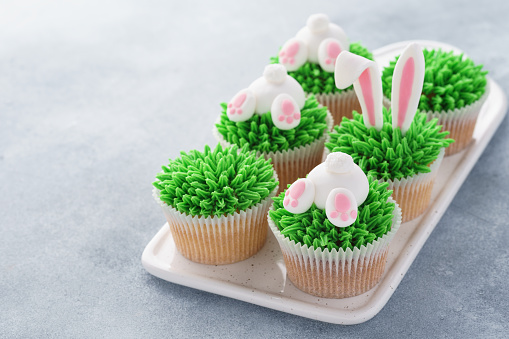 Set of various funny Easter cupcakes decorated for kids. Creative holiday treats concept.