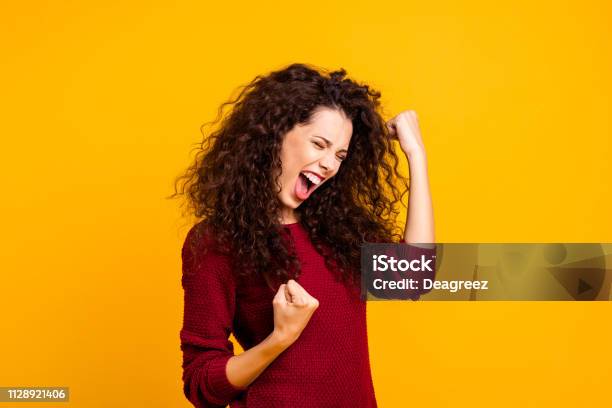 Close Up Photo Amazing Beautiful Her She Lady Yelling Voice Raised Fists Eyes Closed In Delight Emotional High Spirits Mood Wearing Red Knitted Sweater Clothes Outfit Isolated Yellow Background Stock Photo - Download Image Now