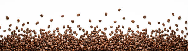 Panoramic coffee beans background, border Panoramic coffee beans border isolated on white background with copy space coffee beans stock pictures, royalty-free photos & images