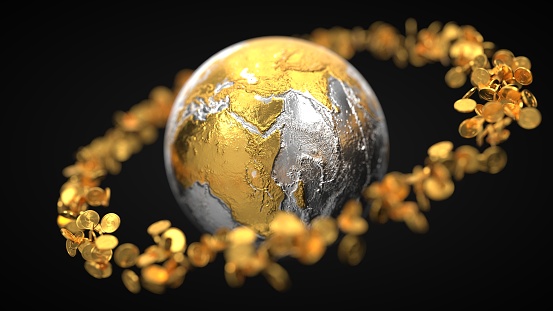 finance concept with gold coins around metallic earth globe. 3d illustration