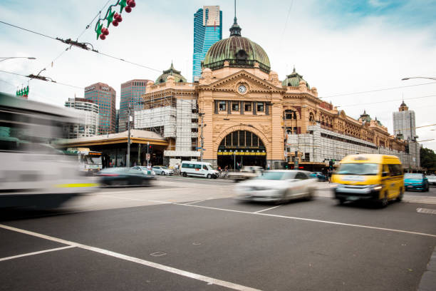 Melbourne, Australia - 30-november-2017: train station with traffic in motion blur.