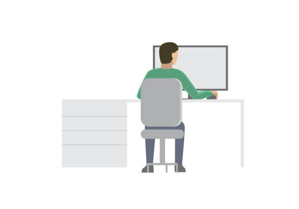 Man working on computer. Flat design illustration. Programmer, web designer, HTML coder Man working on computer. Flat design illustration. Programmer, web designer, HTML coder behind computer monitor stock illustrations