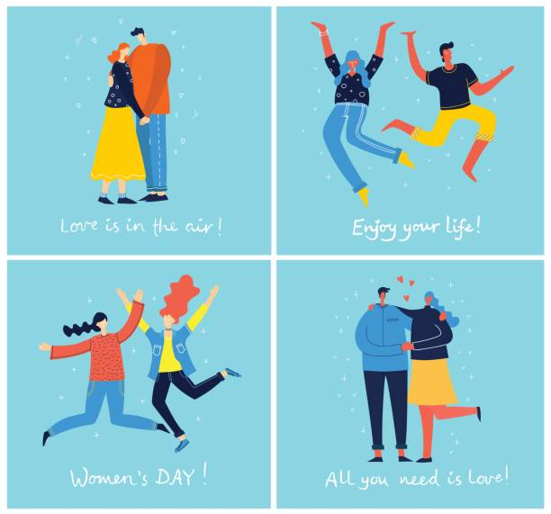 Enjoy the life Concept of group of young people jumping on blue background, hugging couple in love. Stylish modern vector illustration cards with happy male and female teenagers and hand drawing motivation quotes life stile stock illustrations