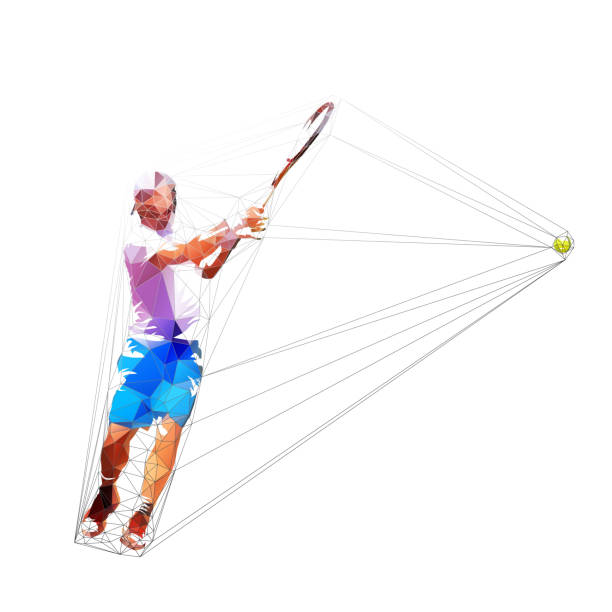 ilustrações de stock, clip art, desenhos animados e ícones de tennis player low poly vector illustration. isolated adult man in white shirt and blue shorts playing tennis. individual summer sport. active people - tennis serving silhouette racket