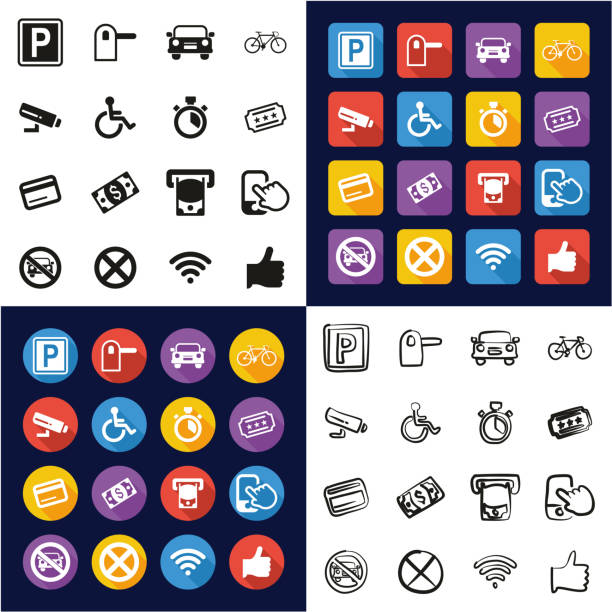 ilustrações, clipart, desenhos animados e ícones de estacionamento ou estacionamento ícones que todos em ícones de um preto e branco cor planos projeto conjunto à mão livre - silhouette interface icons wheelchair icon set