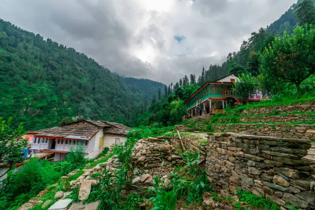 Village of wodden house in himalayas, Himachal Pradesh, India