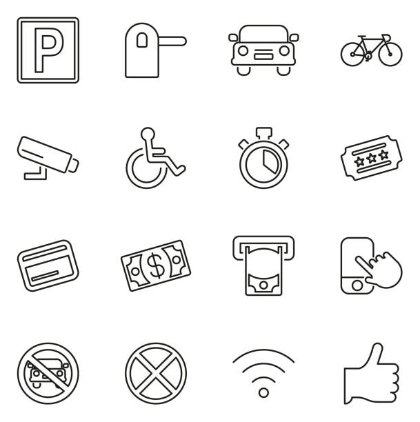 ilustrações, clipart, desenhos animados e ícones de estacionamento ou estacionamento ícones fina linha conjunto ilustração vetorial - silhouette interface icons wheelchair icon set