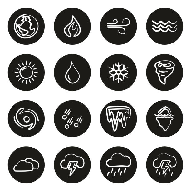 ilustrações, clipart, desenhos animados e ícones de natureza elementos ícones branco à mão livre no círculo preto - bend sun river snow