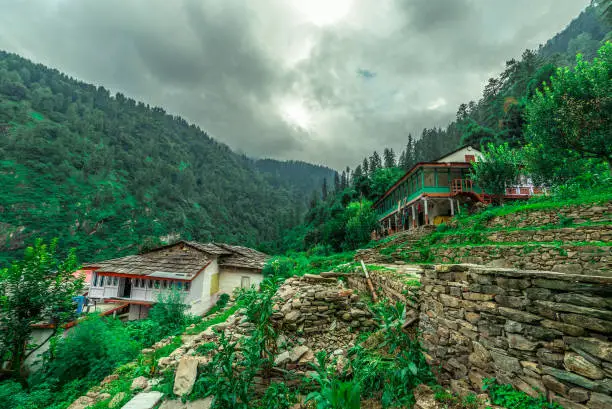 Village of wodden house in himalayas, Himachal Pradesh, India