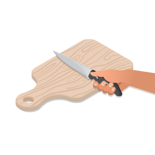 ilustrações de stock, clip art, desenhos animados e ícones de hand with a kitchen knife - cutting board cooking wood backgrounds
