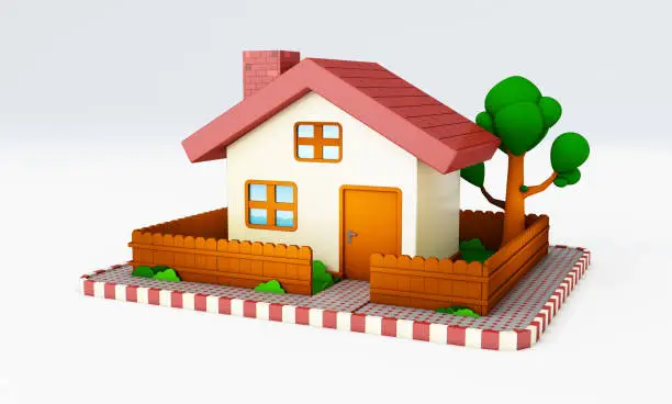 3d rendering of house with red roof, isolated on a white background