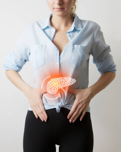 istock woman body with damaged pancreas visualisation, internal organ 1128932524