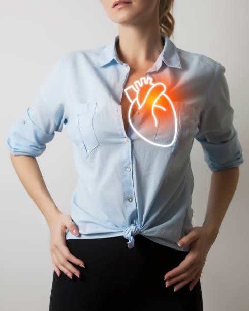 женское тело с визуализацией анатомии сердца - human cardiovascular system human heart human vein blood flow стоковые фото и изображения