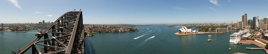 A stitched panorama featuring the Sydney Harbor Bridge and Sydney Opera House.