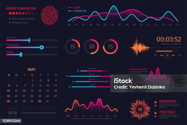 Infographic Dashboard Template Data Screen With Colorful Graphs Charts And Hud Elements Statistics And Analytics Intelligent Technology Interface Stock Illustration - Download Image Now