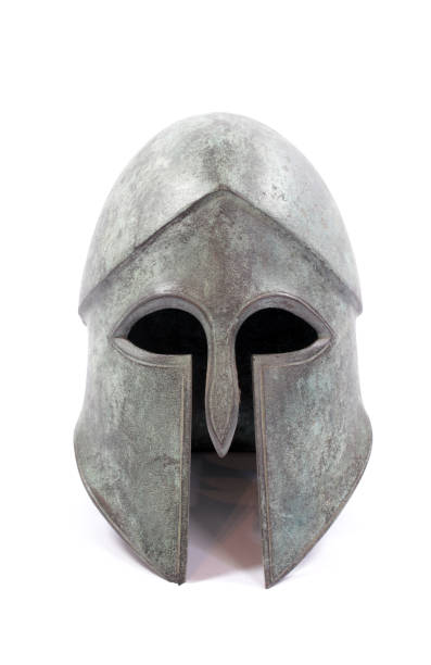 Brass Metal Saxon Antique Armor Helmet on White Background stock photo