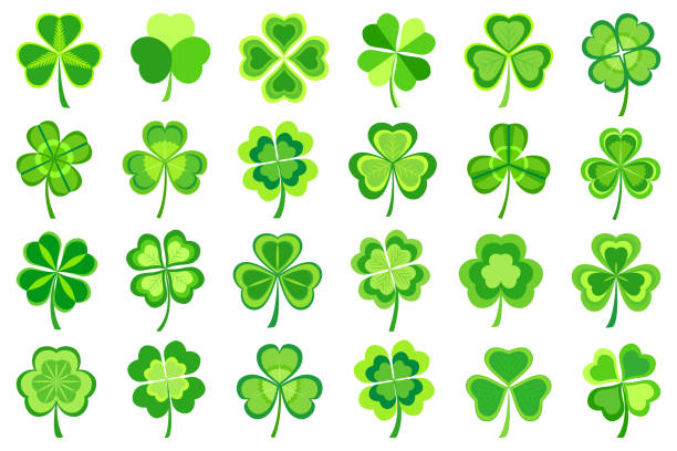 набор стилизованного зеленого клевера патрикс лист - four leaf clover clover luck leaf stock illustrations