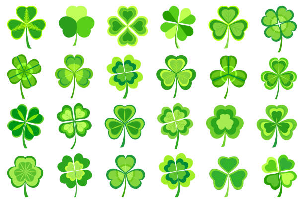 Set of stylized green Patricks leaf clover Set of stylized trendy green Patricks leaf clover isolated on white background. Beautiful elements of graphic design for St. Patrick's day. Stylish creative modern icons shamrocks. Vector illustration clover icon stock illustrations