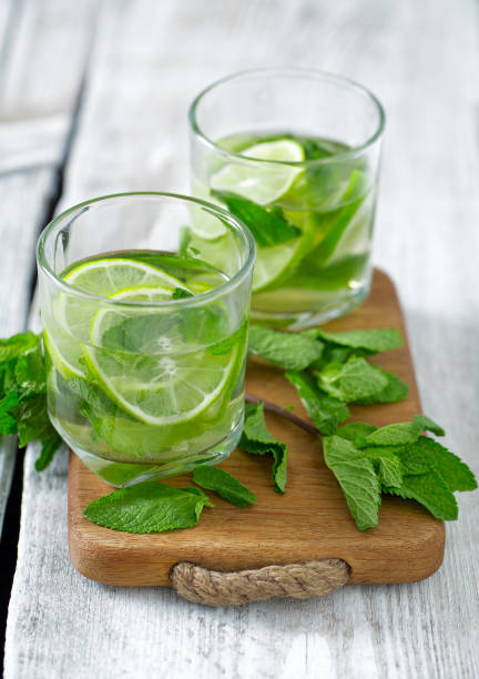 istock Mojito and ingredients on white wooden surface 1128943773
