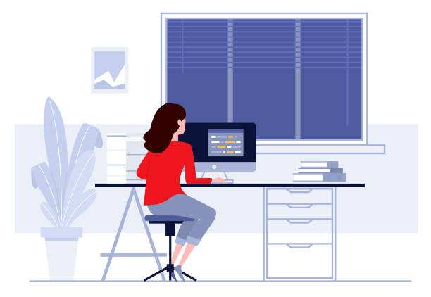 ilustrações, clipart, desenhos animados e ícones de local de trabalho no escritório. mulher de negócios, trabalhando no computador em sua mesa. ilustração em vetor. espaço de trabalho. - desk