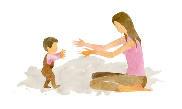istock Watercolor illustration. The child makes the first independent steps towards his mother 1128947655