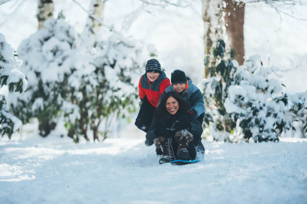istock Mom sledding with her sons in the forest 1128948611
