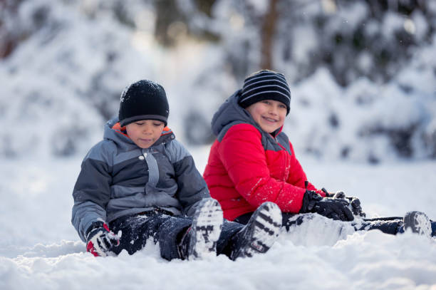 istock Two brothers playing in the snow together 1128948619