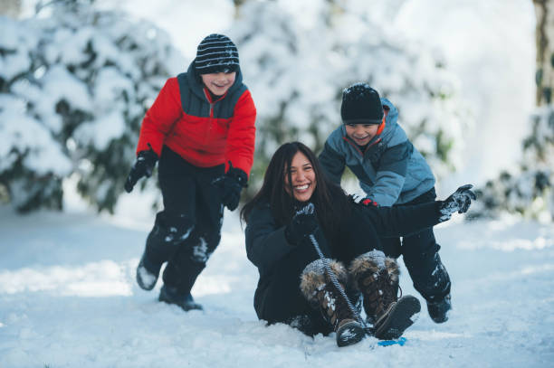 istock Mom sledding with her sons in the forest 1128948623