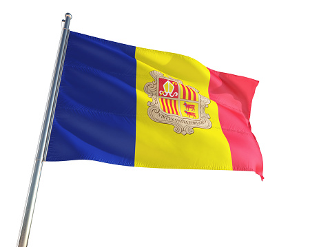 Andorra National Flag waving in the wind, isolated white background. High Definition