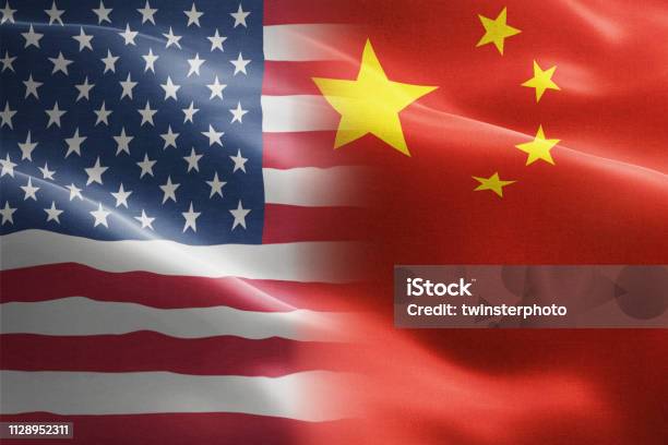 Flag Of United States Of America Against China Indicates Partnership Agreement Or Trade Wall And Conflict Between These Two Countries Stock Photo - Download Image Now