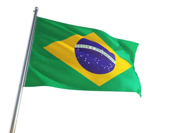 Brazil National Flag waving in the wind, isolated white background. High Definition
