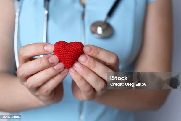 Health Care Cardiology Woman Doctor With Stethoscope Holding Red Knitted Heart In Hands Stock Photo - Download Image Now
