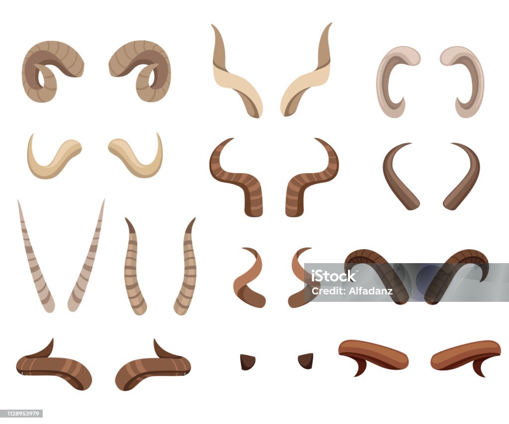Set of animal horns. Horn icons. Horny hunting trophy of reindeer. Flat vector illustration isolated on white background Set of animal horns. Horn icons. Horny hunting trophy of reindeer. Flat vector illustration isolated on white background. Horned stock vector